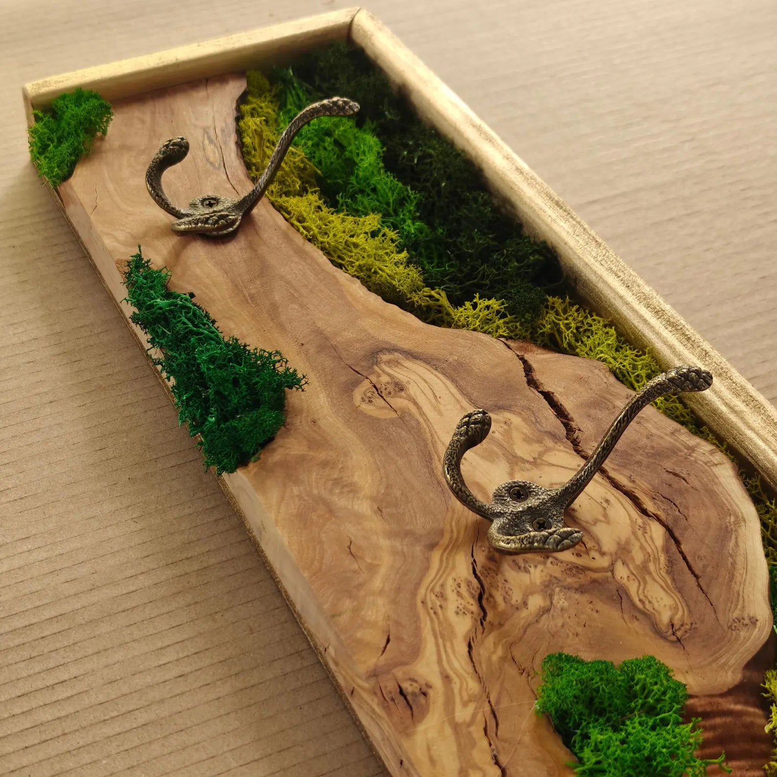 Biophilic Olive Wood Coat Rack with Preserved Moss