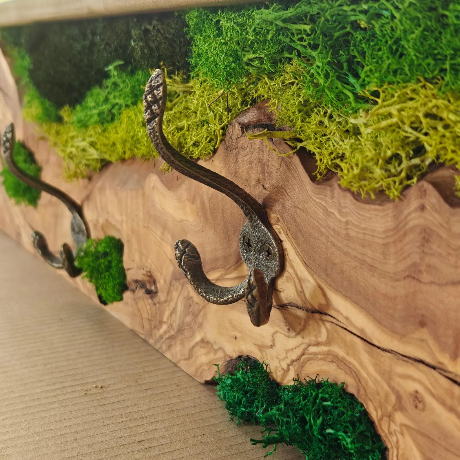 Biophilic Olive Wood Coat Rack with Preserved Moss