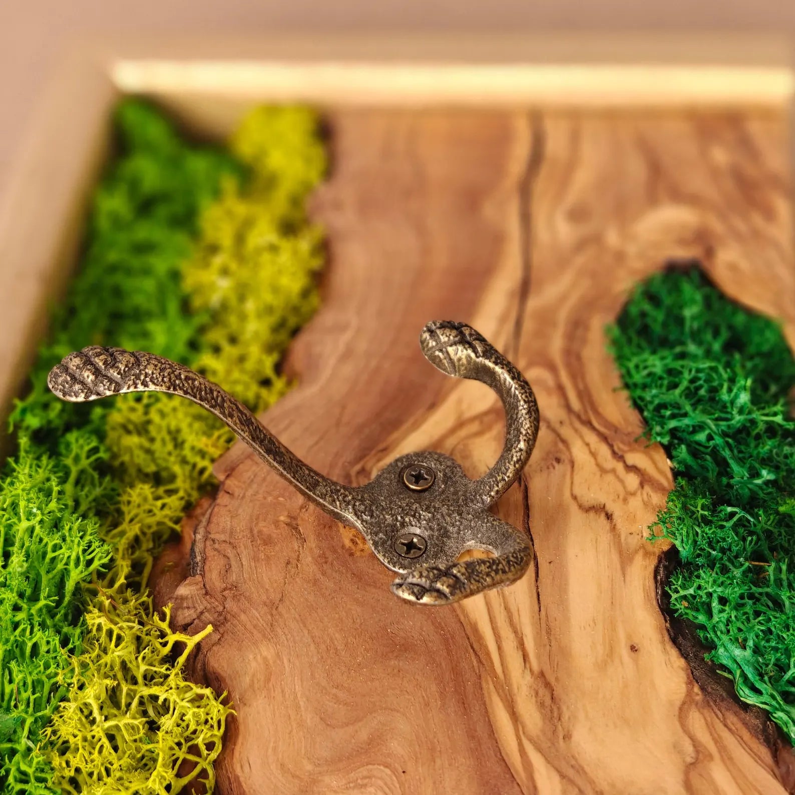 Biophilic Olive Wood Coat Rack with Preserved Moss