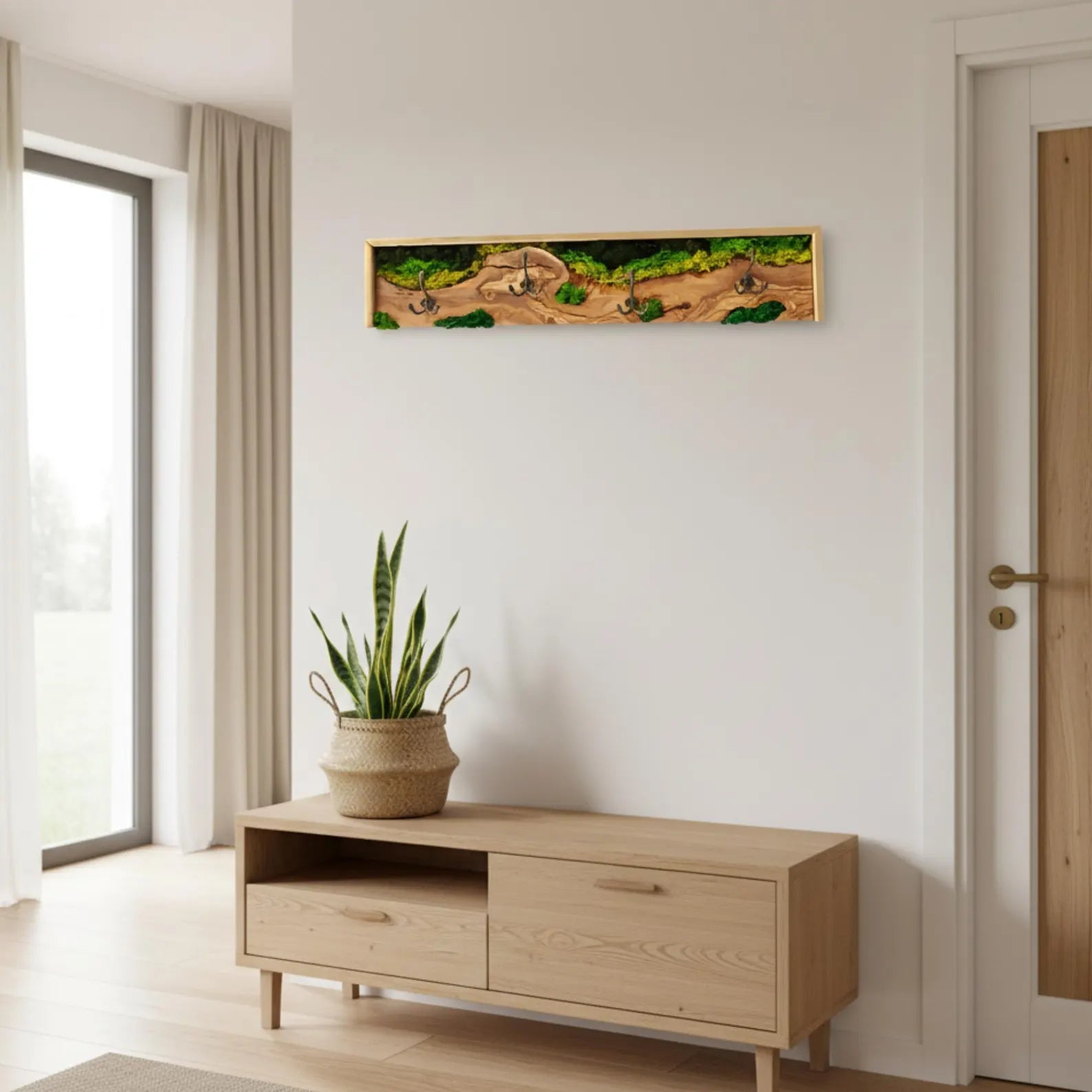 Biophilic Olive Wood Coat Rack with Preserved Moss