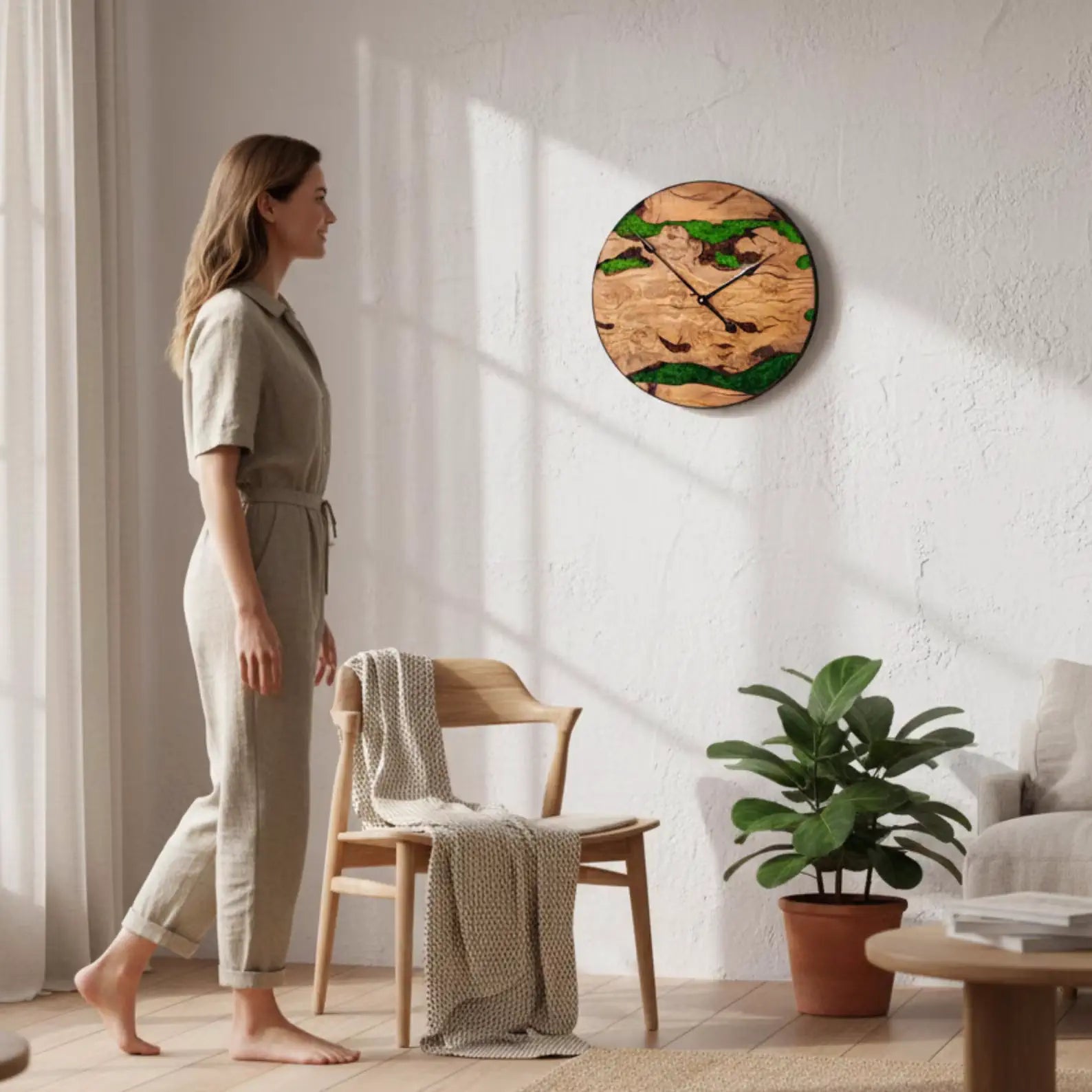 Olive Wood & Moss Clock