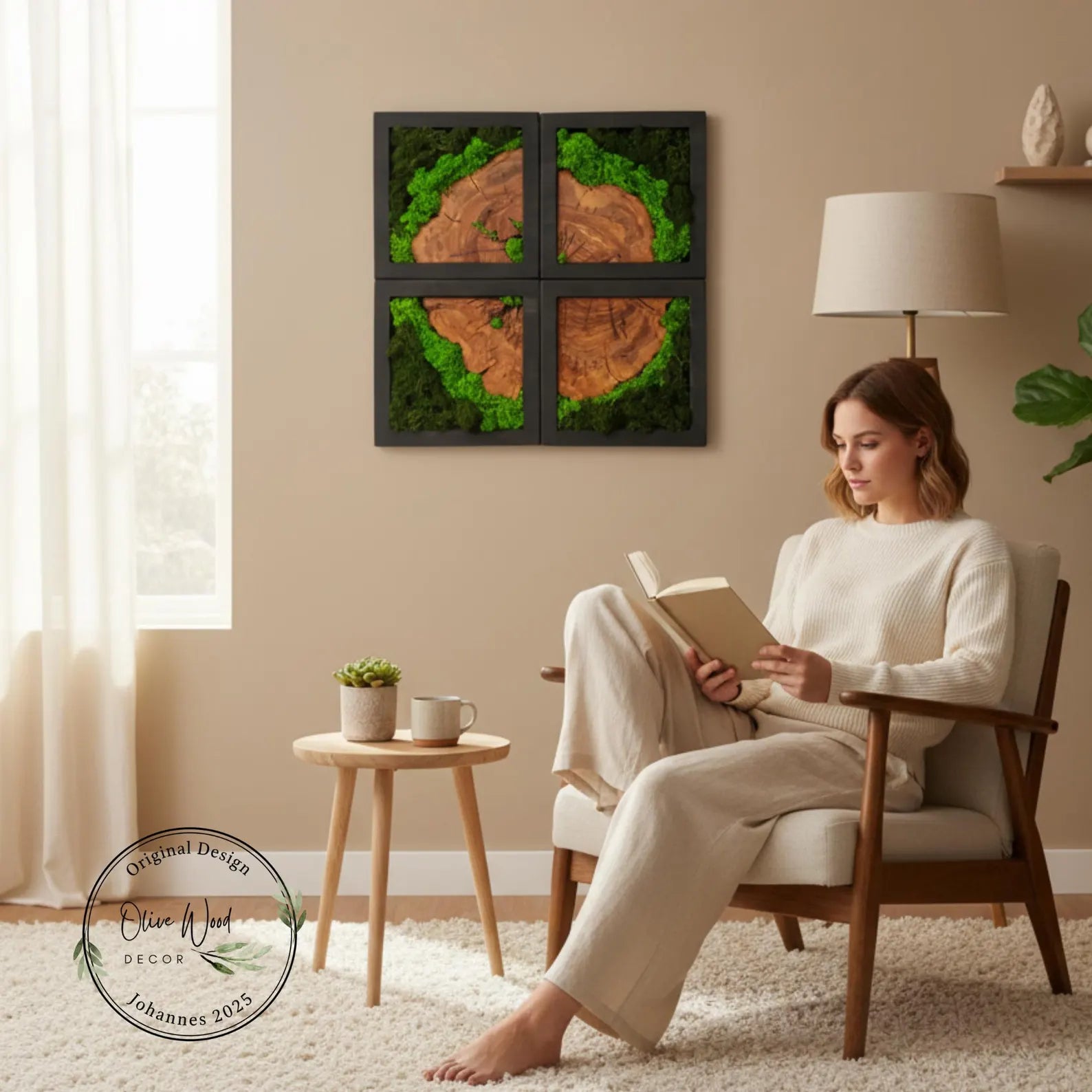 Preserved Moss & Olive Wood Square Wall Art