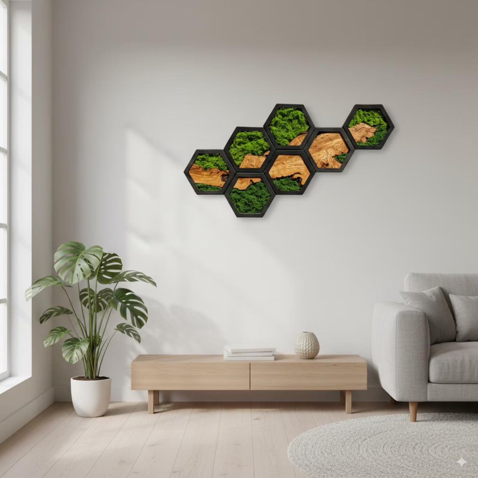 Olive Wood & Preserved Moss Hexagon Wall Art